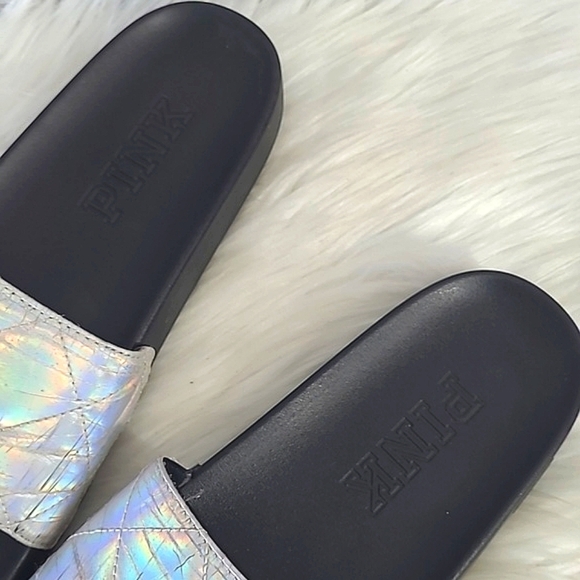 Victoria's Secret PINK Silver Rainbow Holographic Metallic Slide Slip-On Sandals - Picture 7 of 17